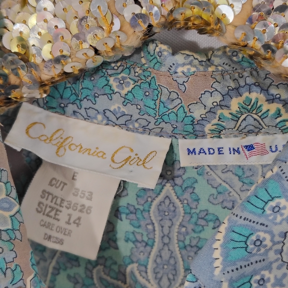 Vintage 80s California Girl Women's Blue Floral Long Maxi Dress Size 14 Coastal - Picture 7 of 8
